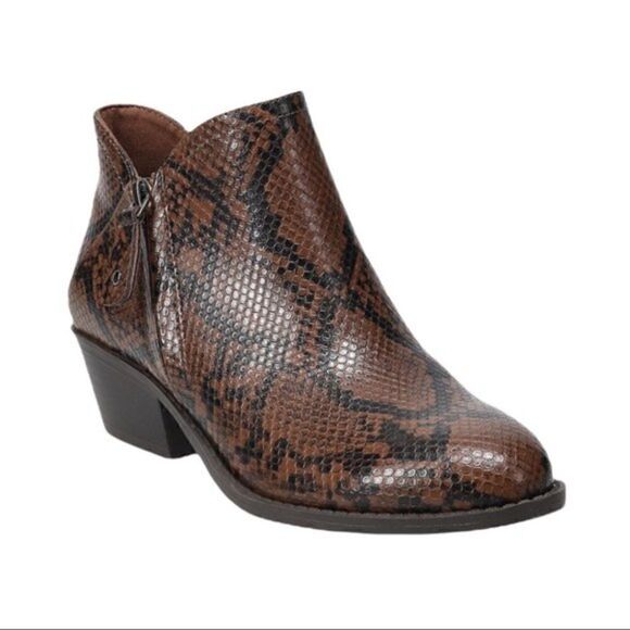 New! Faux Leather Brown Snake Print Block Heel Ankle Boots Booties - Picture 1 of 9